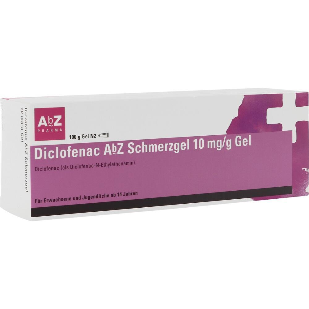 Die Verpackung f&uuml;r Diclofenac AbZ Schmerzgel mit 10 mg pro Gramm ist zu sehen.