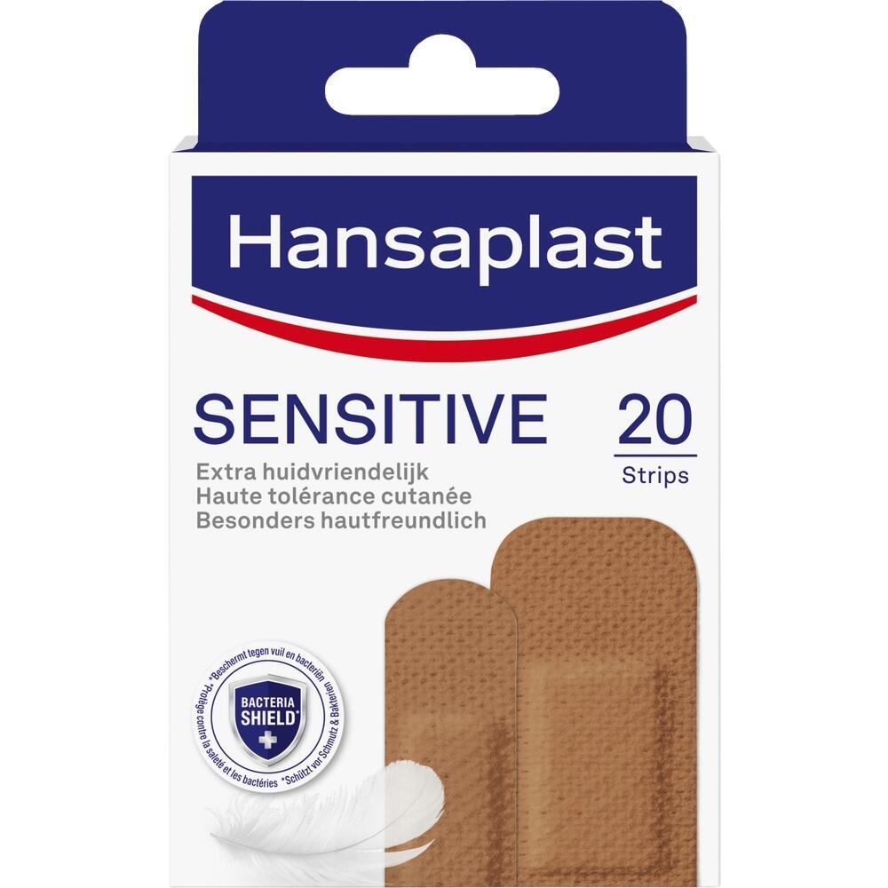 Eine Packung Hansaplast Sensitive Pflaster mit 20 Streifen.