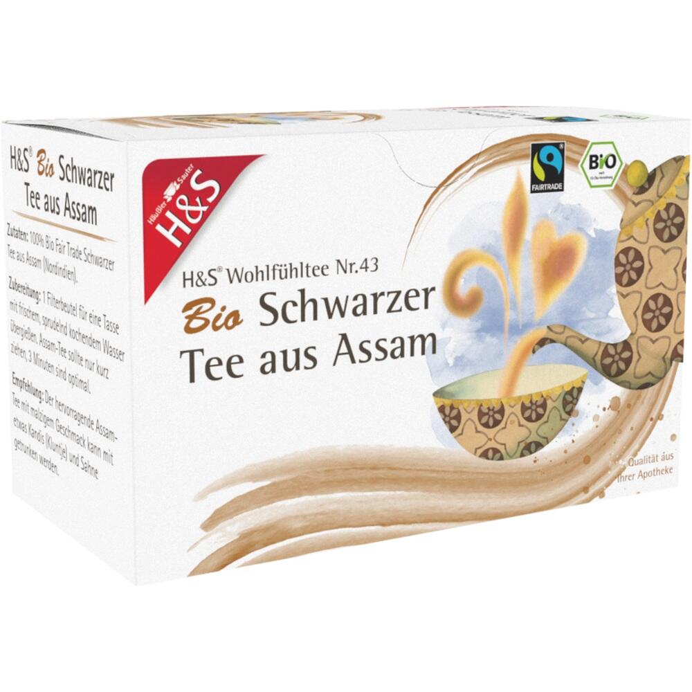 Diese Teepackung zeigt Bio-Schwarztee aus Assam mit Fairtrade-Siegel.