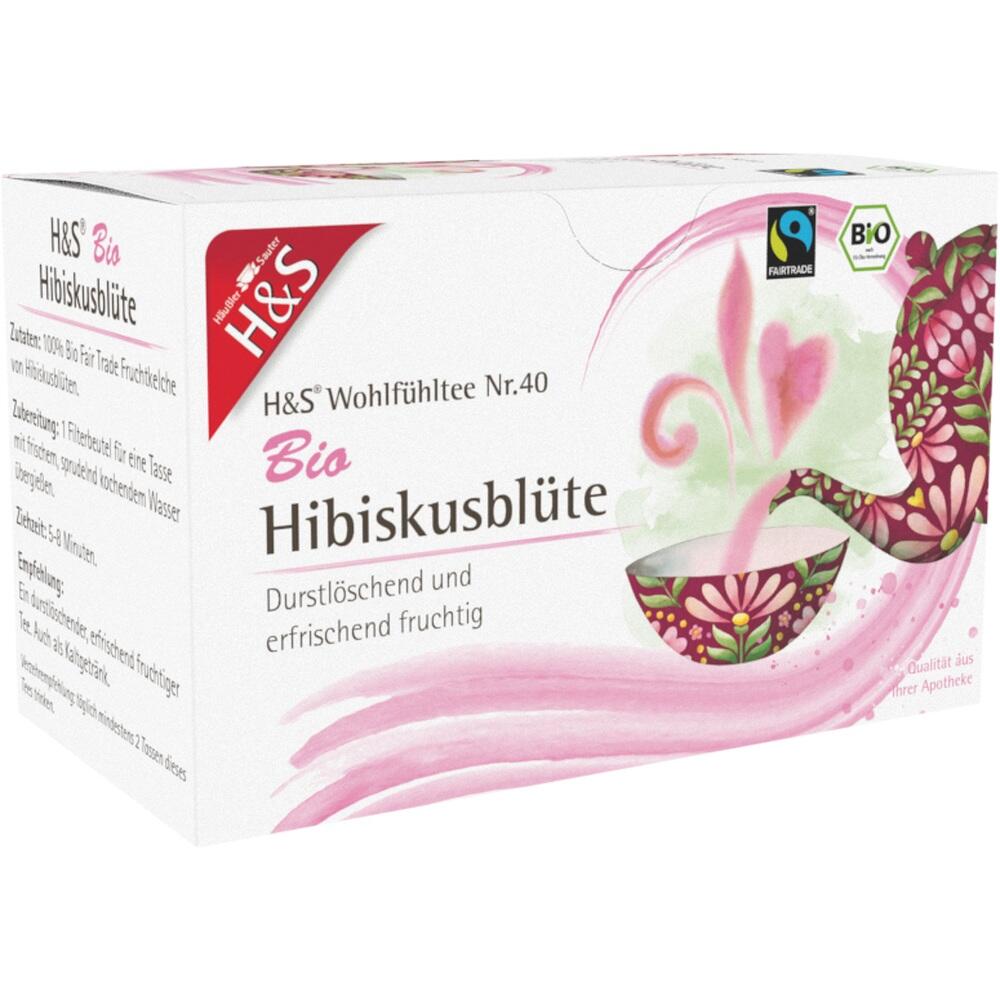 Eine Packung H&S Bio Hibiskusbl&uuml;ten-Tee mit Fairtrade- und Bio-Logo.