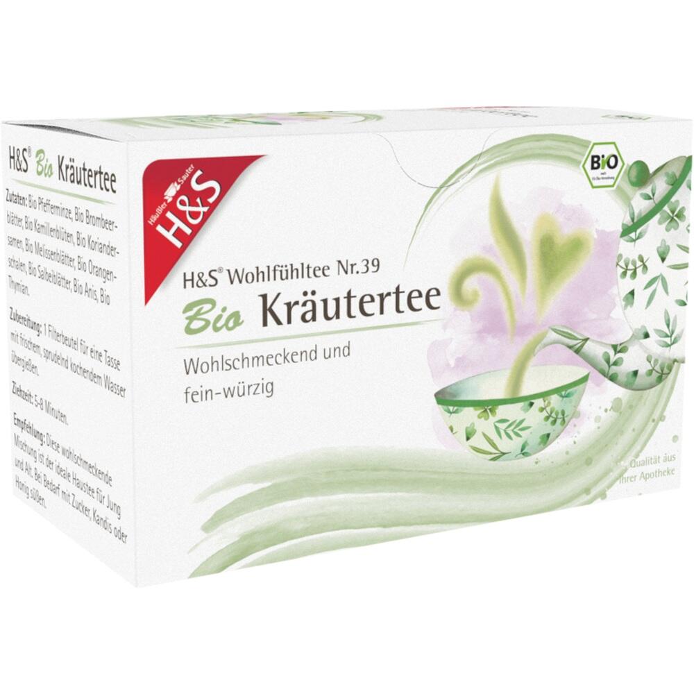Teepackung mit Kr&auml;uterabbildungen und der Aufschrift "H&S Bio Kr&auml;utertee".