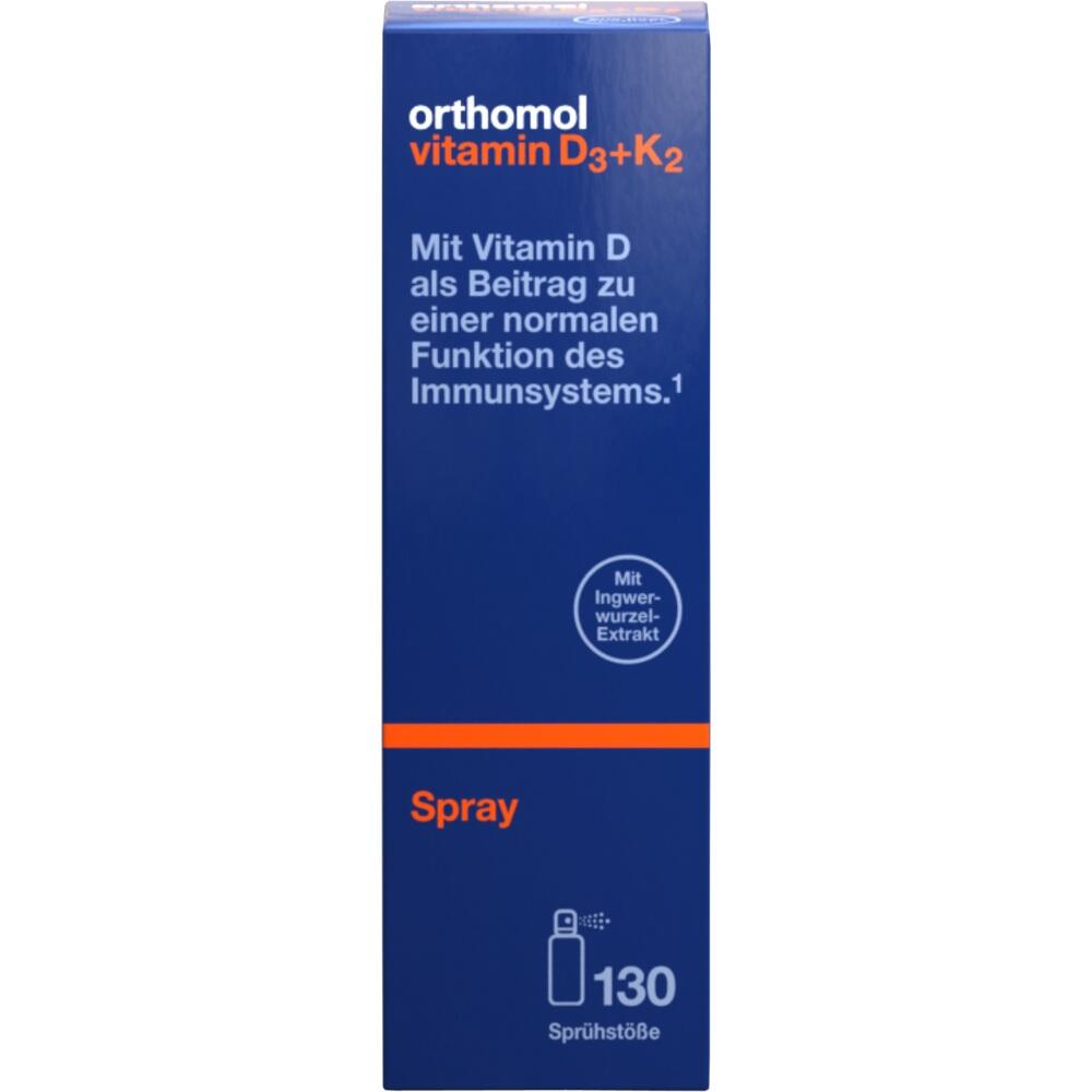 Blauer Karton von Vitamin-D3+K2-Spray mit 130 Spr&uuml;hst&ouml;&szlig;en.