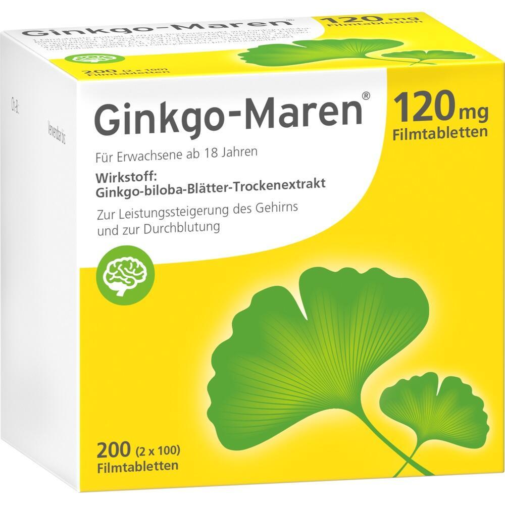 Eine Packung Ginkgo-Maren-Tabletten zur Unterstützung von Gehirn und Durchblutung.