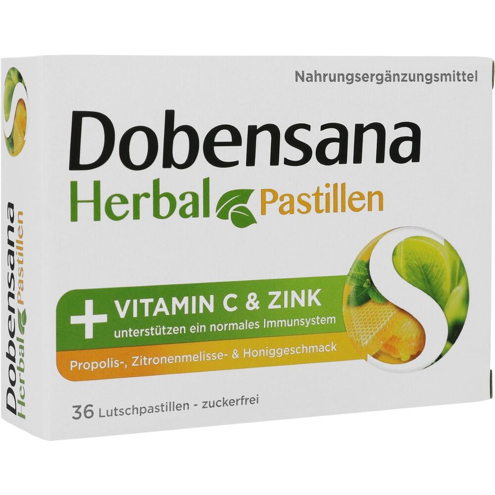 Verpackung von zuckerfreien Dobensana Herbal Pastillen mit Vitamin C und Zink.