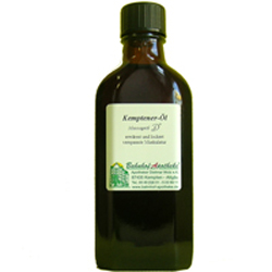 Braune Flasche mit Etikett und schwarzem Deckel.