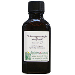 Braune Flasche mit Schwangerschaftsstreifen&ouml;l und Etikett.