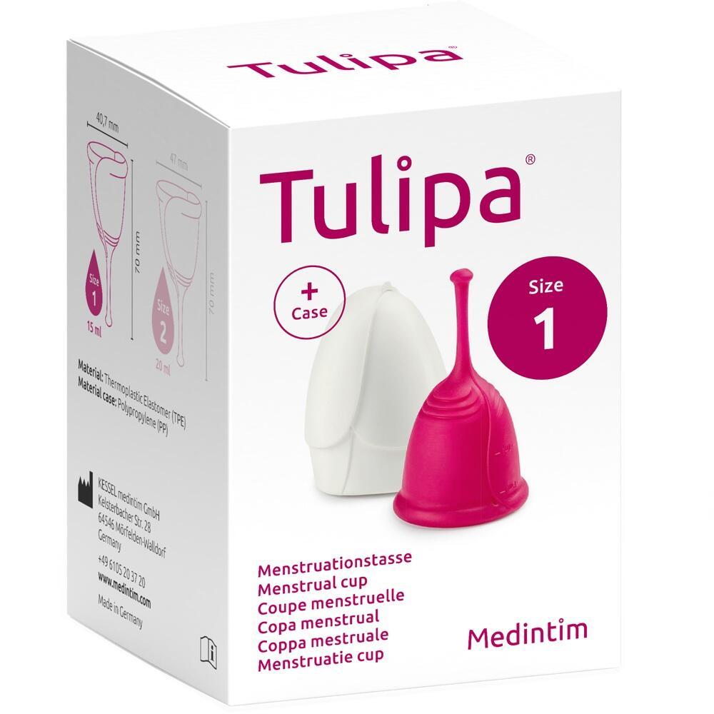 Die Verpackung zeigt eine Menstruationstasse in Pink und ein wei&szlig;es Etui.