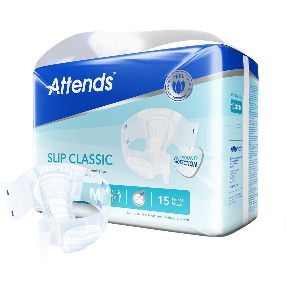 Eine Packung Inkontinenzslips der Marke Attends in der Größe M.