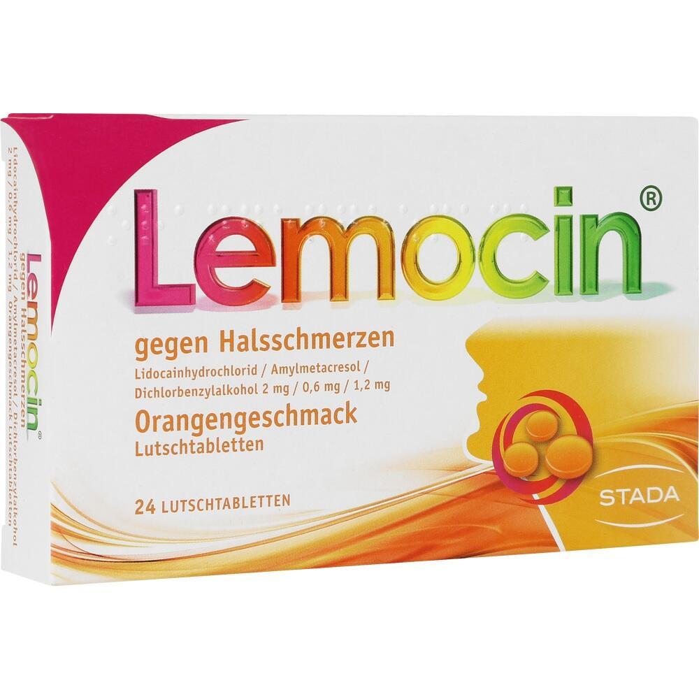 Packung von Lemocin Lutschtabletten gegen Halsschmerzen mit Orangengeschmack.