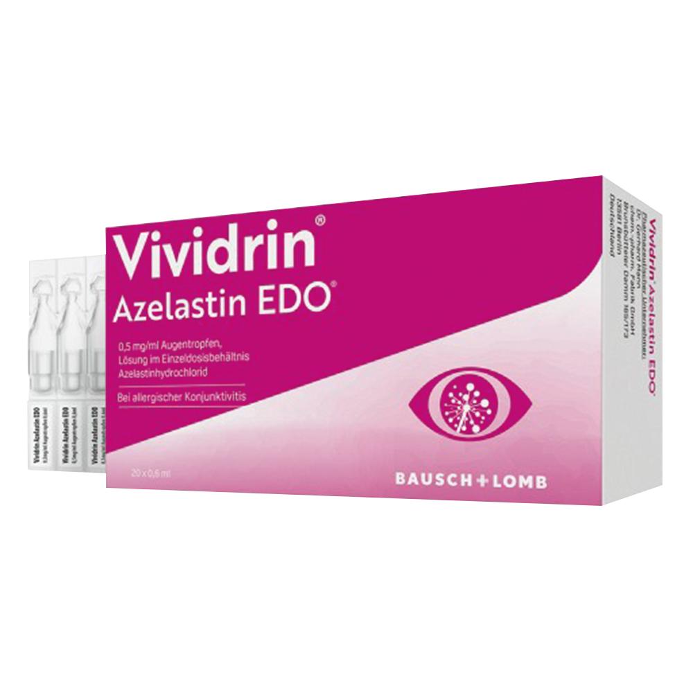 Die Verpackung von Vividrin Augentropfen gegen allergische Konjunktivitis ist rosa-wei&szlig;.
