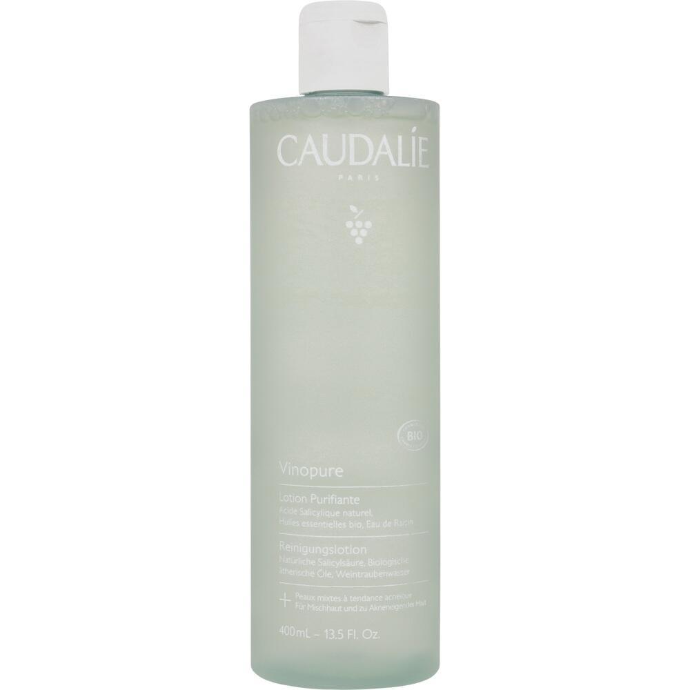 Grüne Plastikflasche mit weißem Verschluss mit der Aufschrift "Caudalie Vinopure".