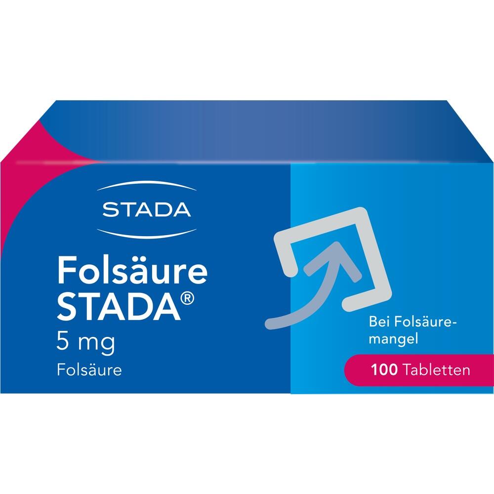 Blaue Packung von Folsäure-Tabletten der Marke Stada.