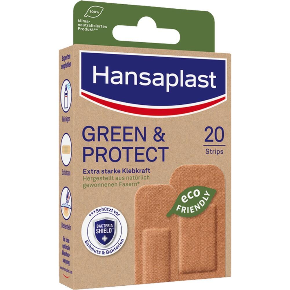 Ein brauner Pflaster-Karton mit der Aufschrift "Hansaplast Green & Protect".