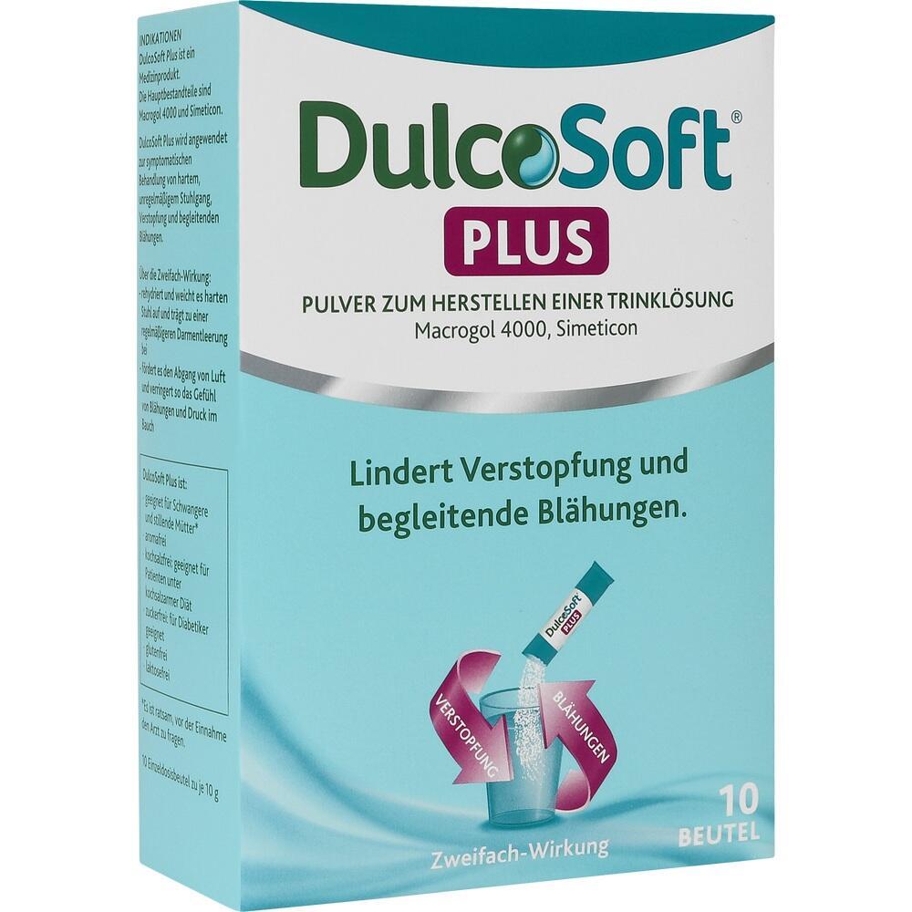 Verpackung von DulcoSoft Plus, Pulver gegen Verstopfung und Blähungen, 10 Beutel.