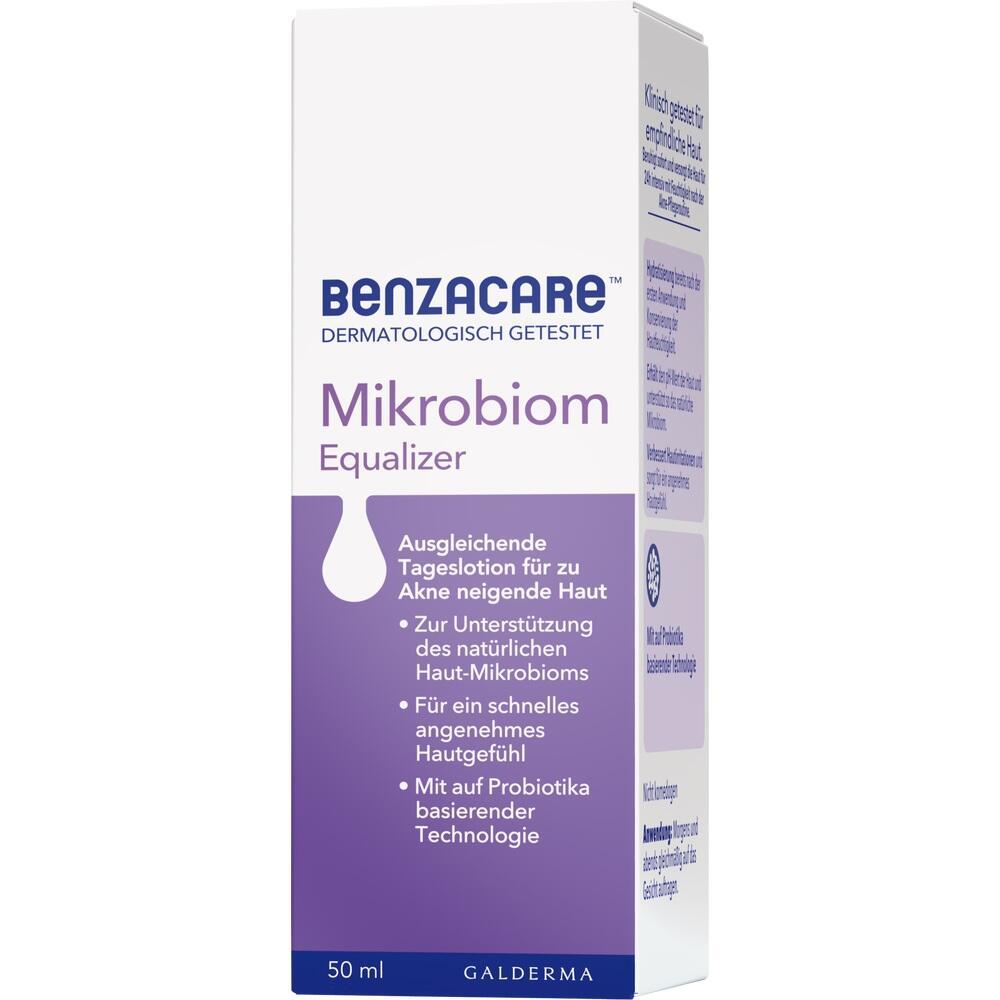 Eine weiße und lilafarbene Verpackung von Benzacare Mikrobiom Equalizer Lotion.