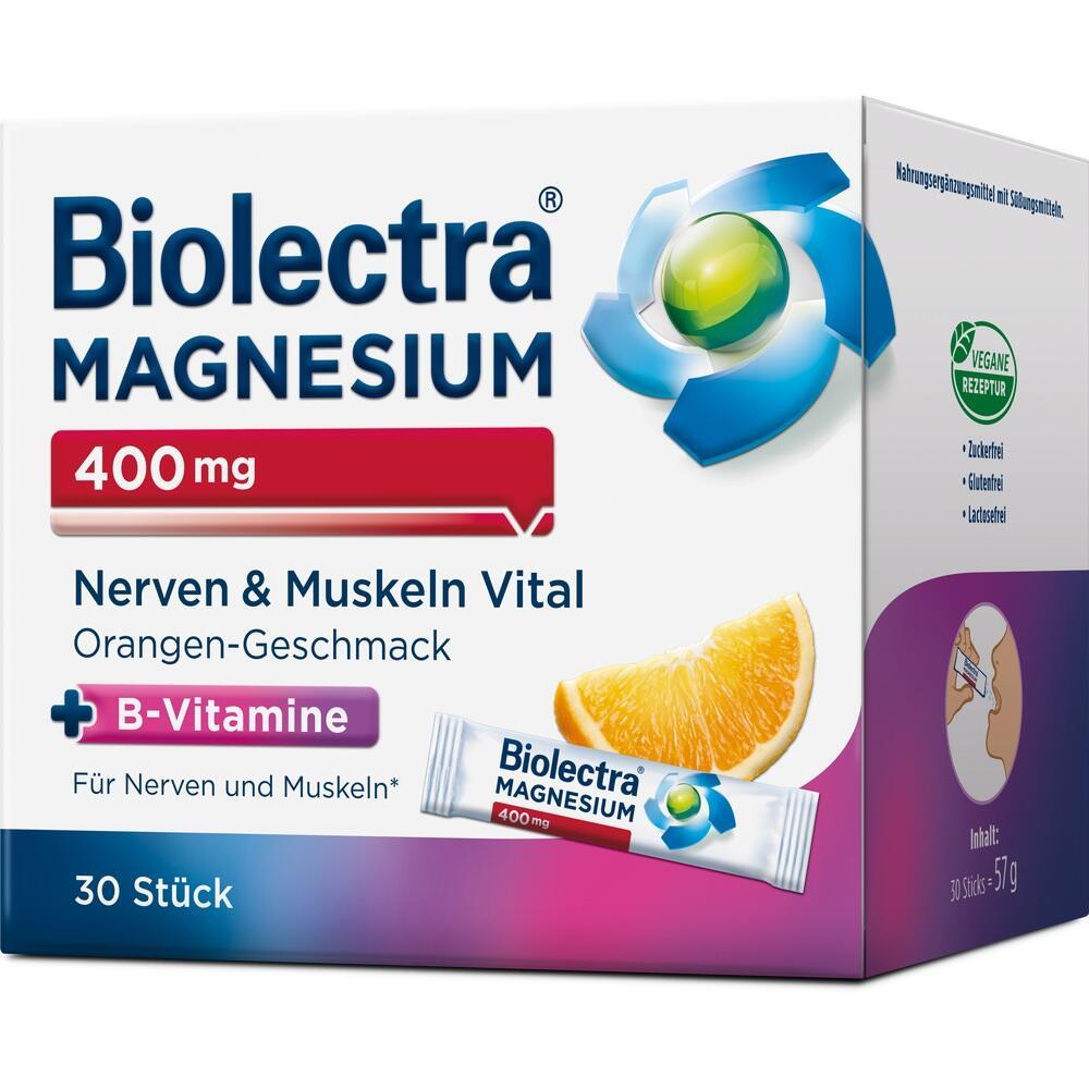 Packung Biolectra Magnesium mit Orangen-Geschmack für Nerven und Muskeln.