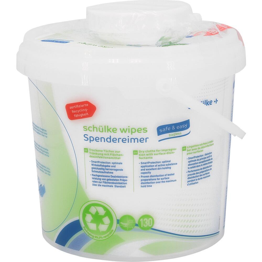 Ein wei&szlig;er Spendereimer f&uuml;r trockene T&uuml;cher mit gr&uuml;ner Aufschrift.