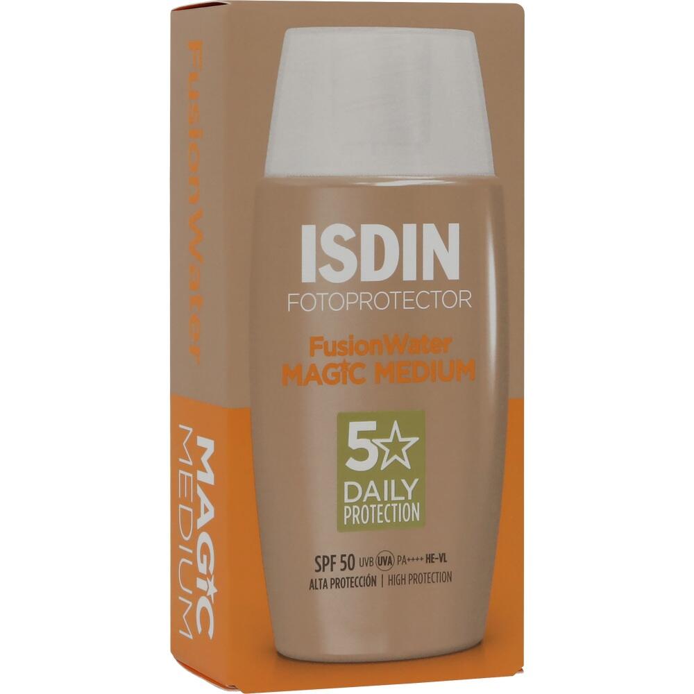 Eine braune Flasche ISDIN Sonnencreme mit Schutzfaktor 50.