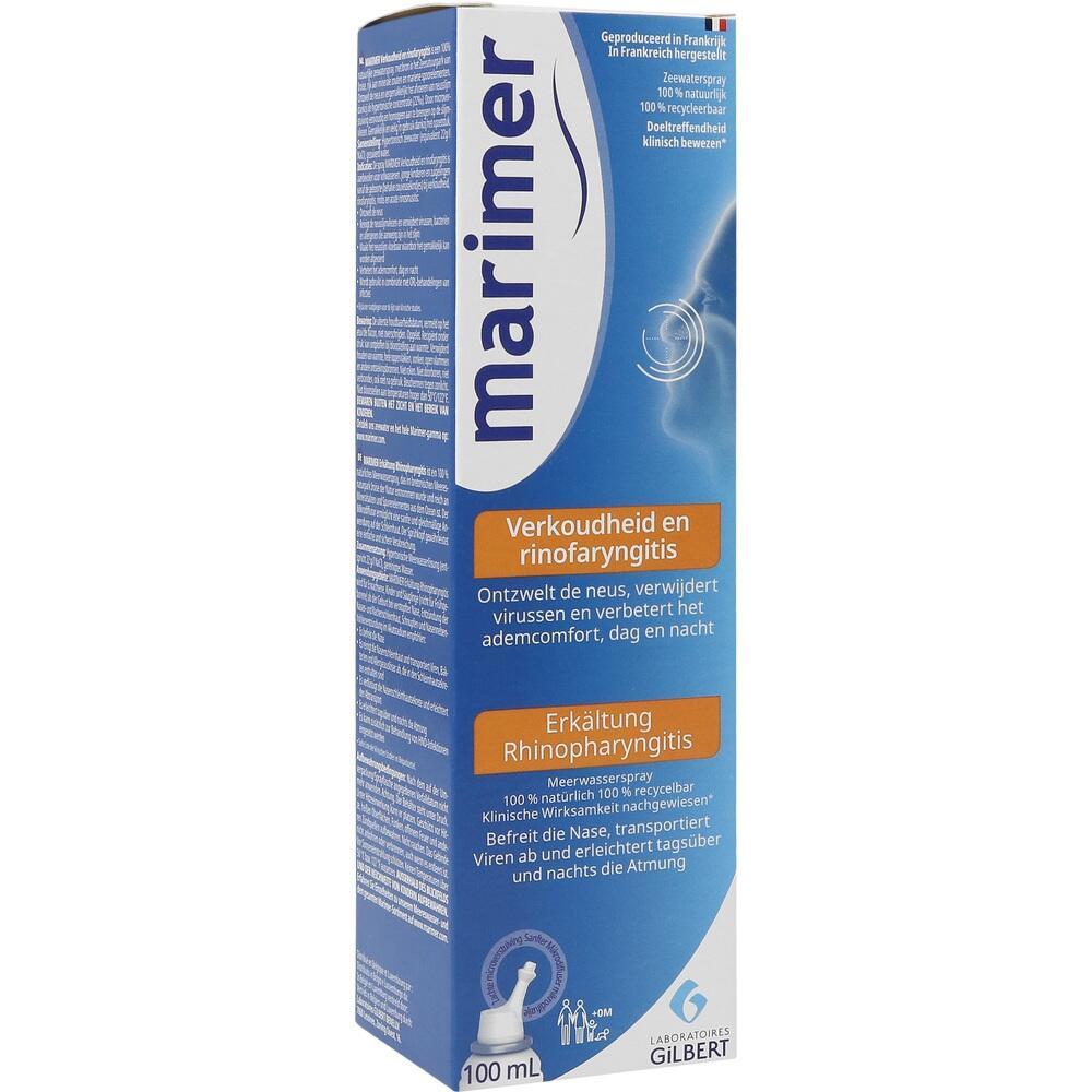 Blau-wei&szlig;e Verpackung eines Nasensprays gegen Erk&auml;ltung und Rhinopharyngitis.