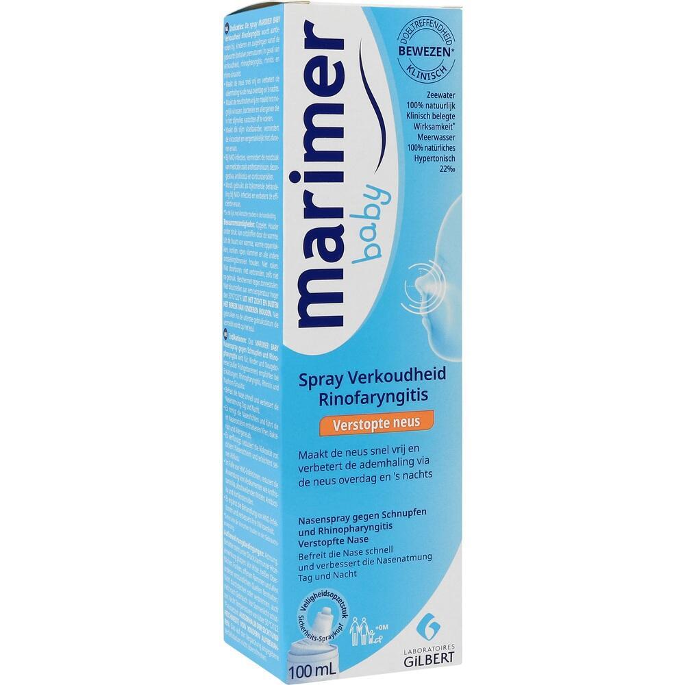 Blaue Verpackung f&uuml;r Nasenspray f&uuml;r Babys gegen Erk&auml;ltung und verstopfte Nase.