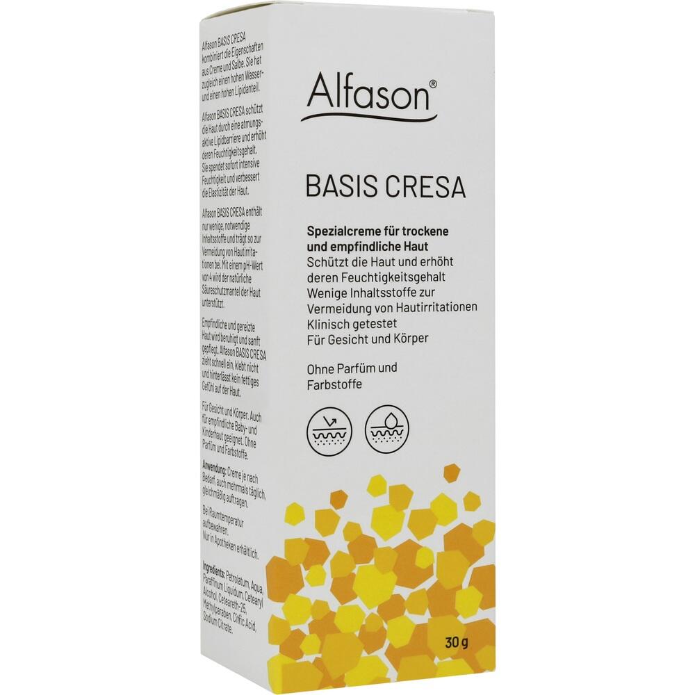 Eine weiße Verpackung für Alfason Basis Cresa, einer Creme für trockene Haut.