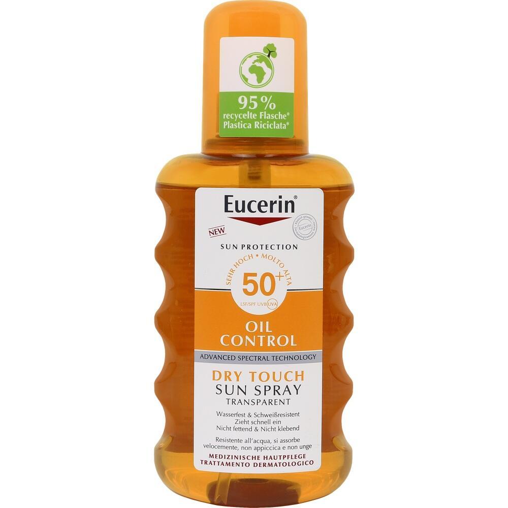 Orangenes Sonnenspray-Flasche mit LSF 50+ für trockene und ölige Haut.