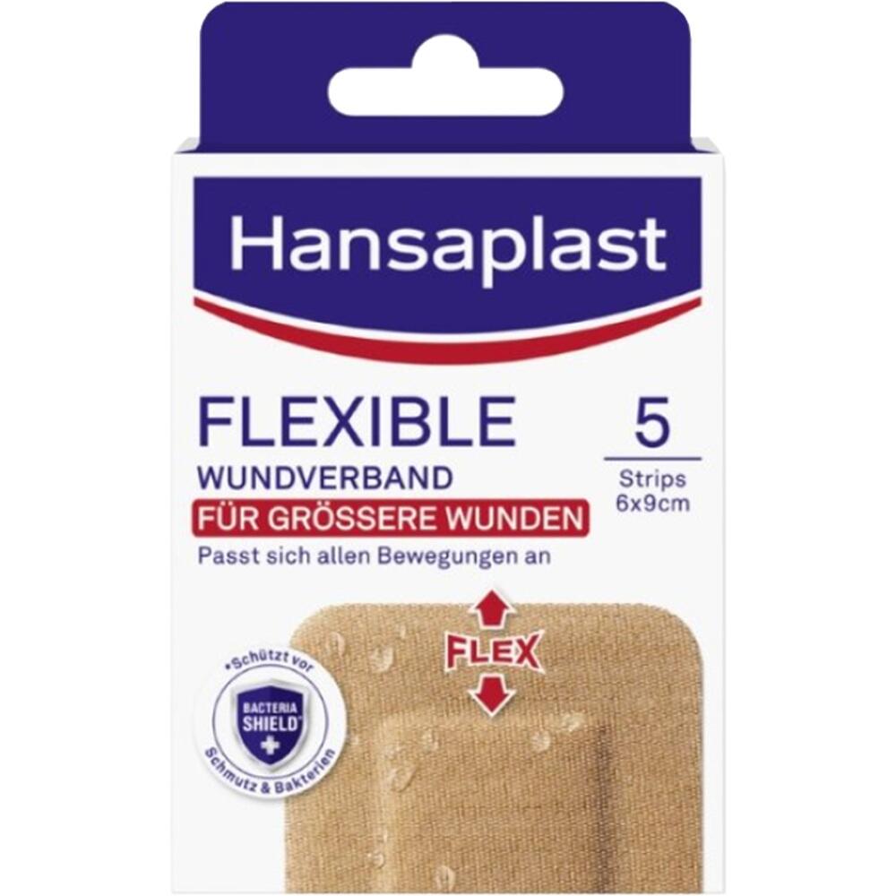 Verpackung von flexiblen Pflastern f&uuml;r gr&ouml;&szlig;ere Wunden, 5 St&uuml;ck enthalten.