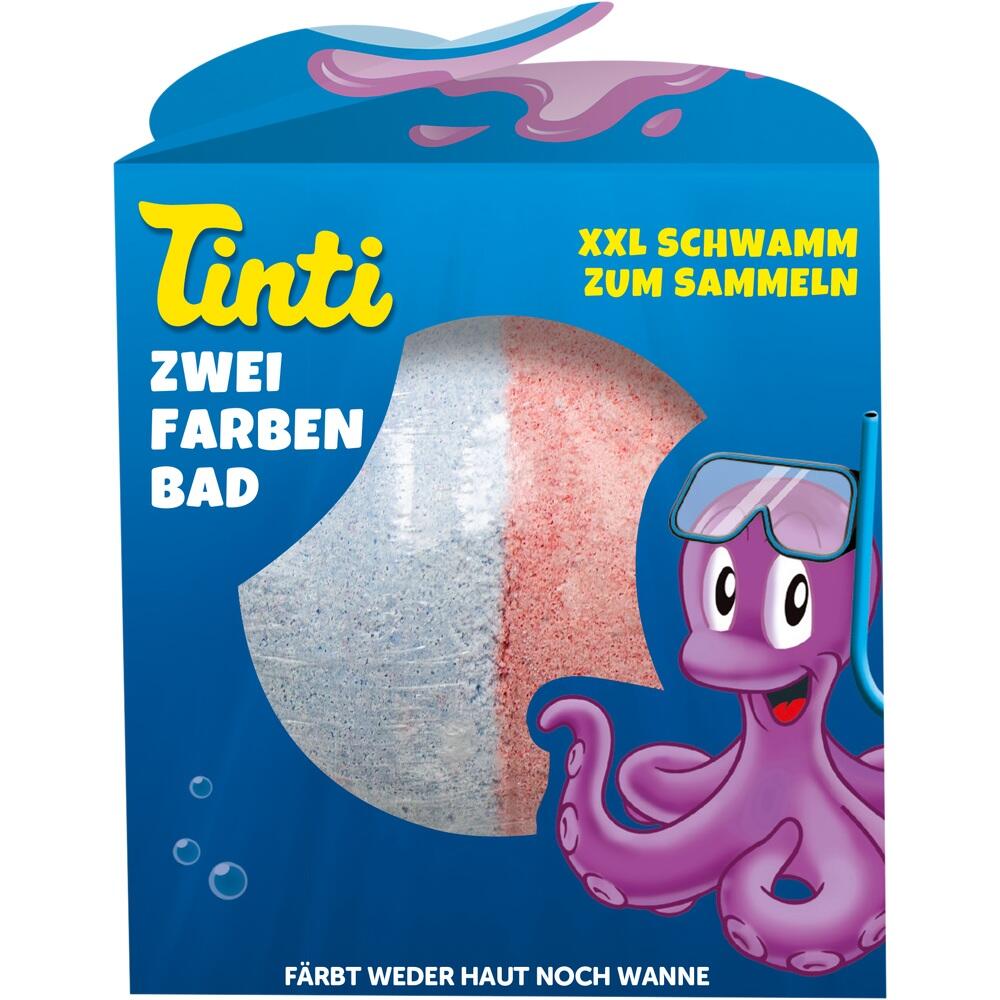Bunte Badezusatz-Verpackung mit einer l&auml;chelnden lila Krake und zwei Farbkugeln.