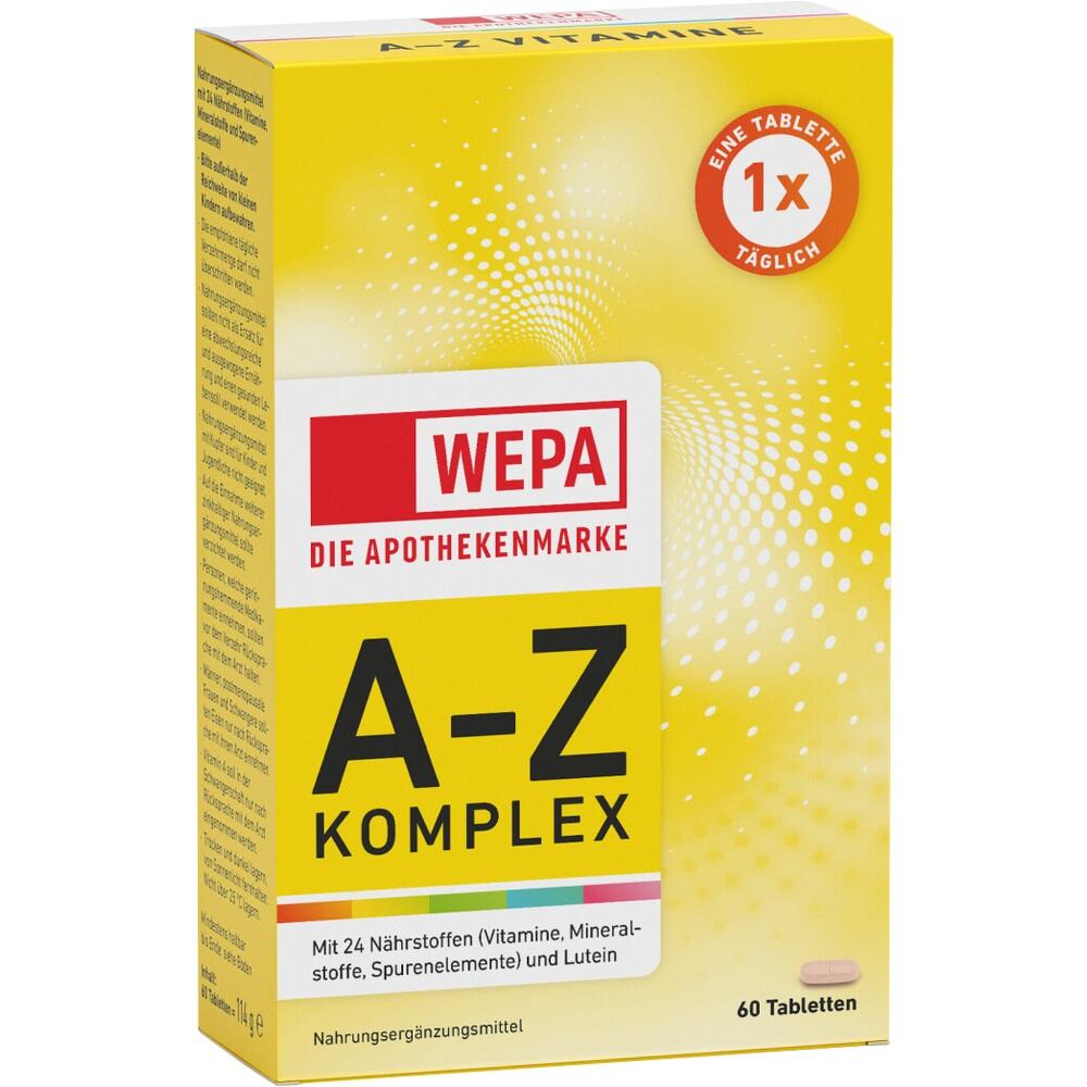 Gelbe Schachtel mit Nahrungserg&auml;nzungsmittel "A-Z Komplex" und 60 Tabletten.