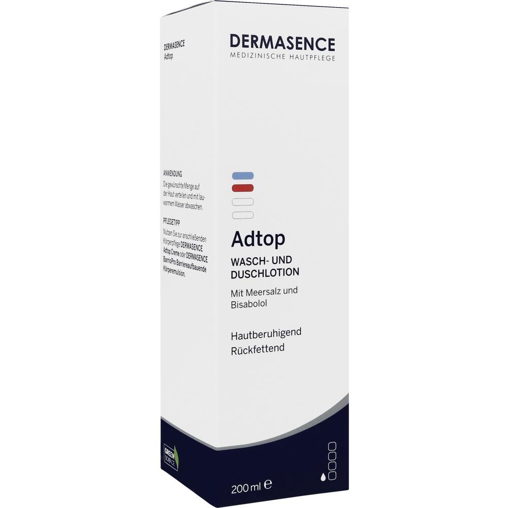 Wei&szlig;e Verpackung einer Waschlotion namens Dermasence Adtop mit Meersalz.