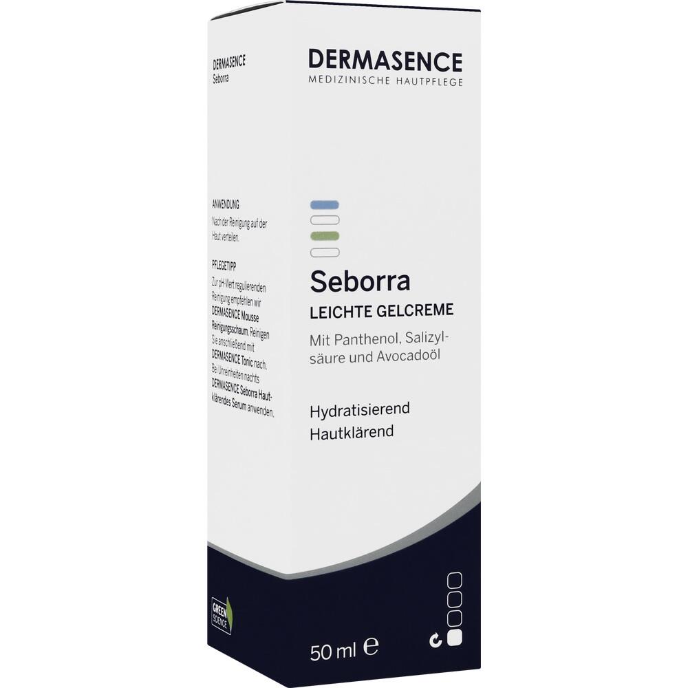 Wei&szlig;e Verpackung einer leichten Gelcreme von Dermasence mit Pflegehinweisen.