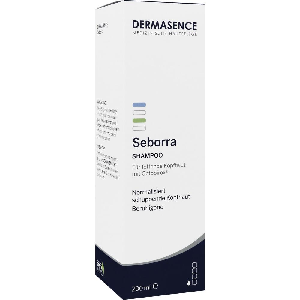 Wei&szlig;e Shampoo-Verpackung mit der Aufschrift "Seborra" f&uuml;r fettige Kopfhaut.