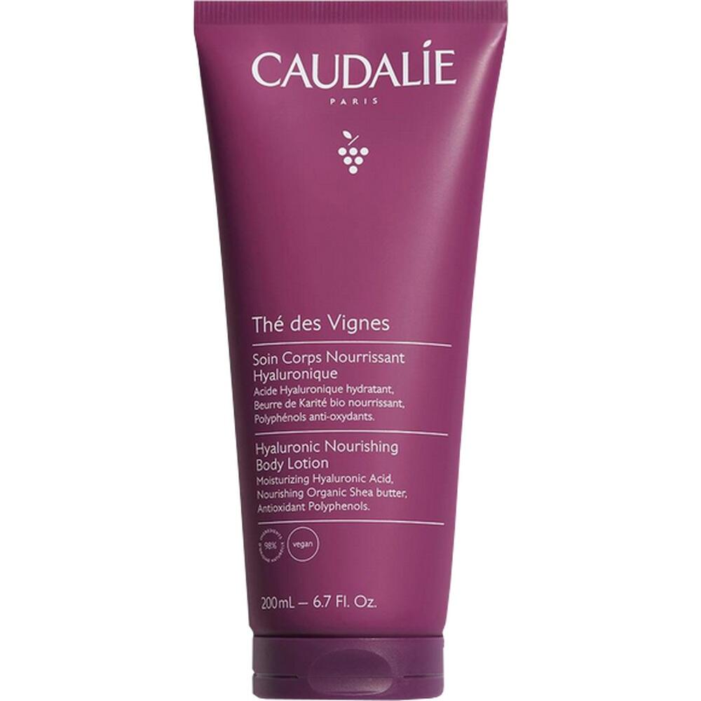 Eine lila Tube mit der Aufschrift "Caudalie" und "Hyaluronic Nourishing Body Lotion".