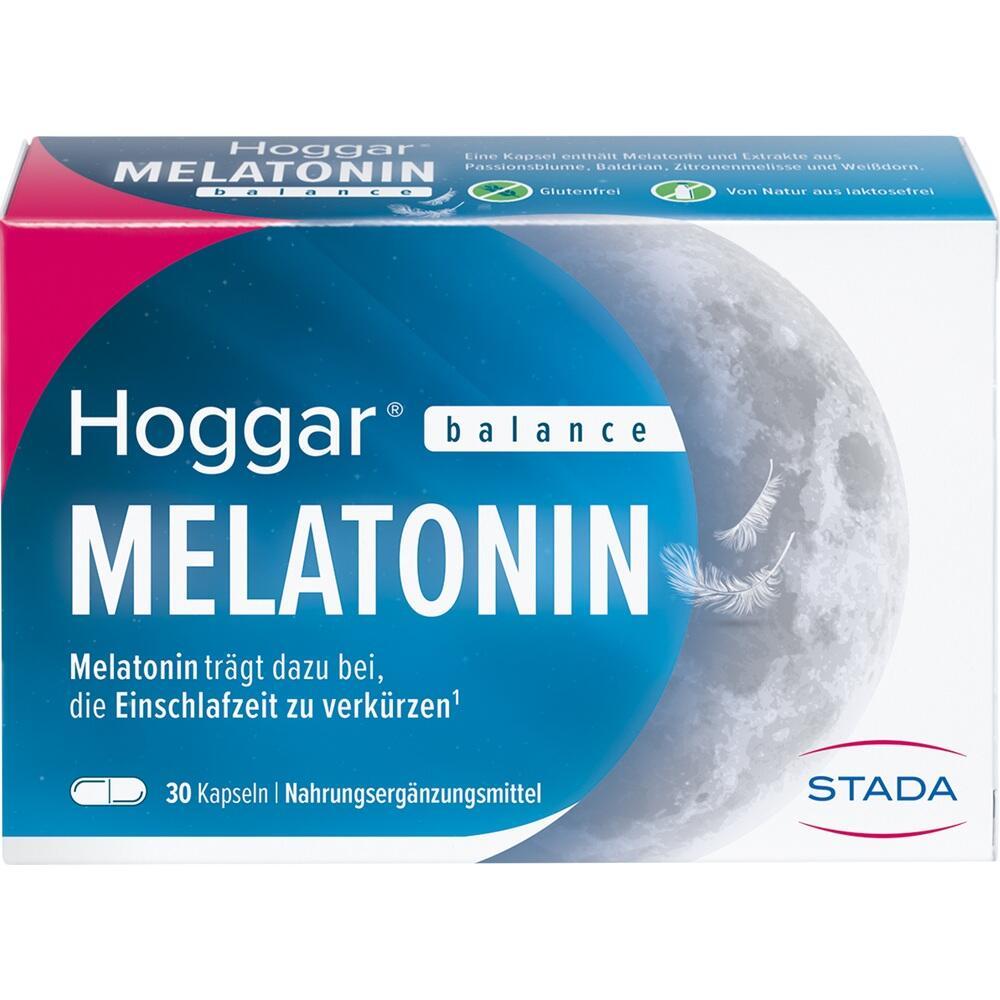 Verpackung von Hoggar Melatonin mit Mond und Federn, 30 Kapseln zur Schlafunterstützung.