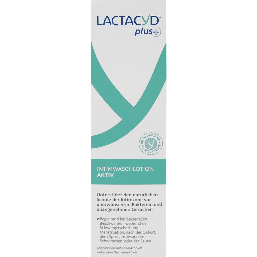 Verpackung einer Intimwaschlotion mit der Aufschrift "Lactacyd plus".
