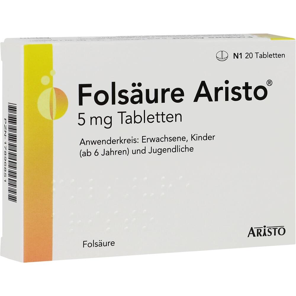 Packung mit Fols&auml;ure-Tabletten f&uuml;r Erwachsene und Kinder ab 6 Jahren.