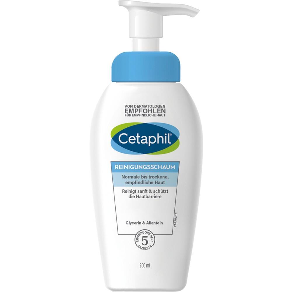 Weiße Pumpflasche mit blauem Deckel, enthält Cetaphil Reinigungsschaum für empfindliche Haut.