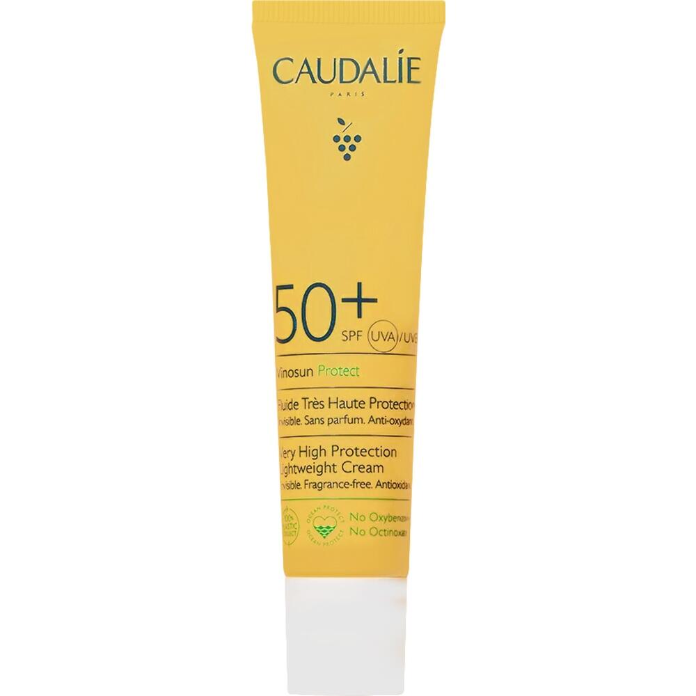Gelbe Sonnencreme-Tube mit LSF 50+ von Caudalie für hohen UV-Schutz.