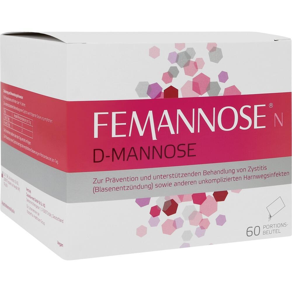 Eine weiße und rosa Verpackung mit der Aufschrift "Femannose D-Mannose".