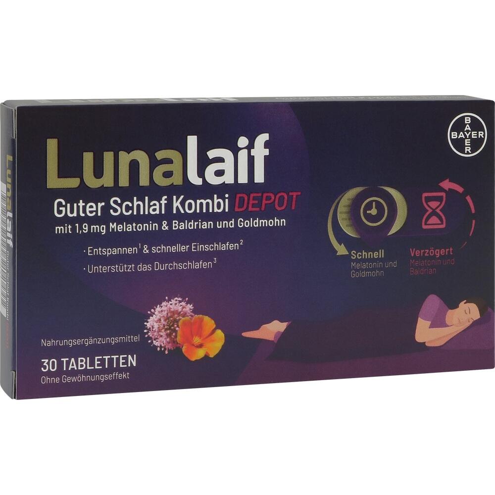 Packung von Lunalif-Tabletten für besseren Schlaf mit Melatonin, Baldrian und Goldmohn.