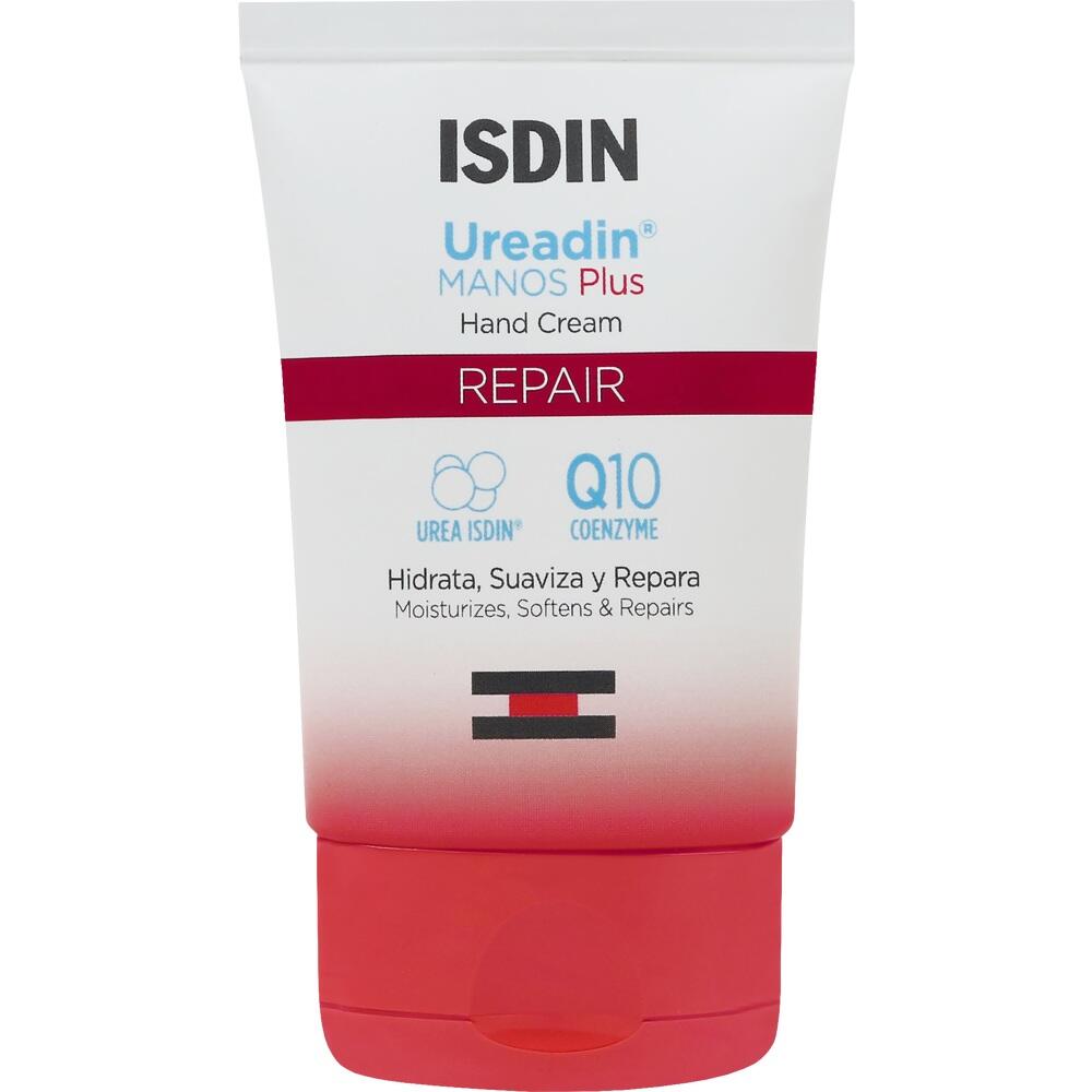 Rote Tube einer Handcreme der Marke ISDIN zur Pflege und Reparatur trockener Haut.