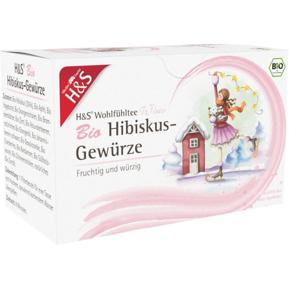 Eine Packung H&S Bio-Hibiskus-Gew&uuml;rze-Tee mit winterlichem Design.