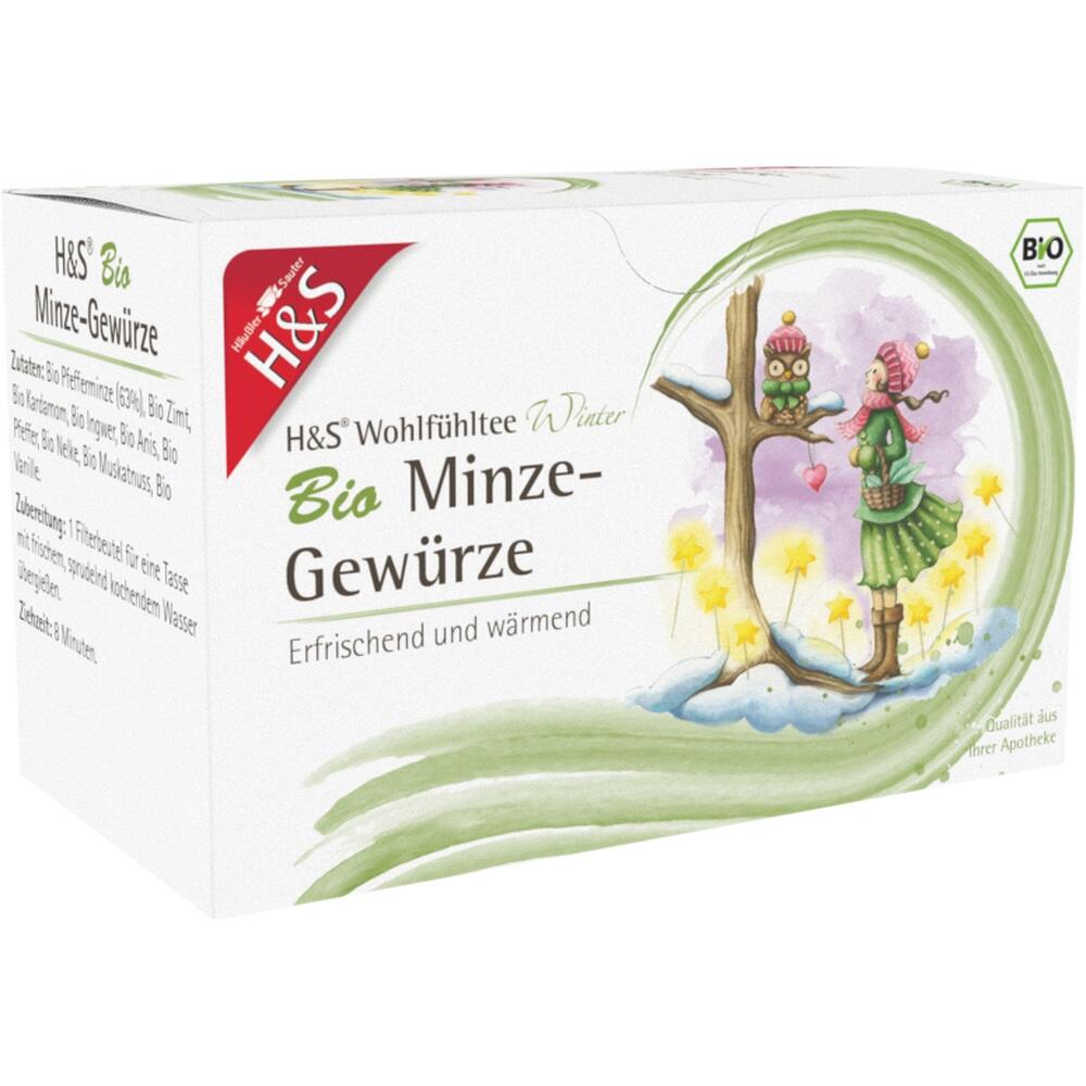 Eine gr&uuml;ne Teepackung mit dem Aufdruck "H&S Bio Minze-Gew&uuml;rze".