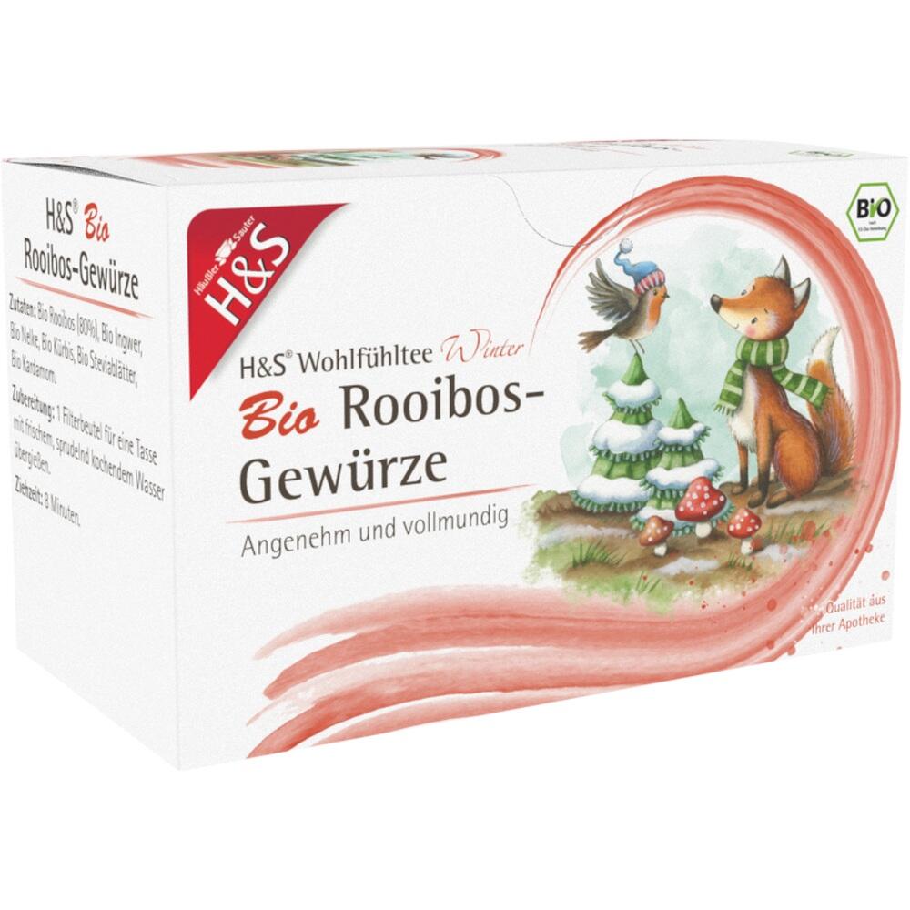 Eine Packung H&S Bio-Rooibos-Tee mit winterlichem Design und Sternen.