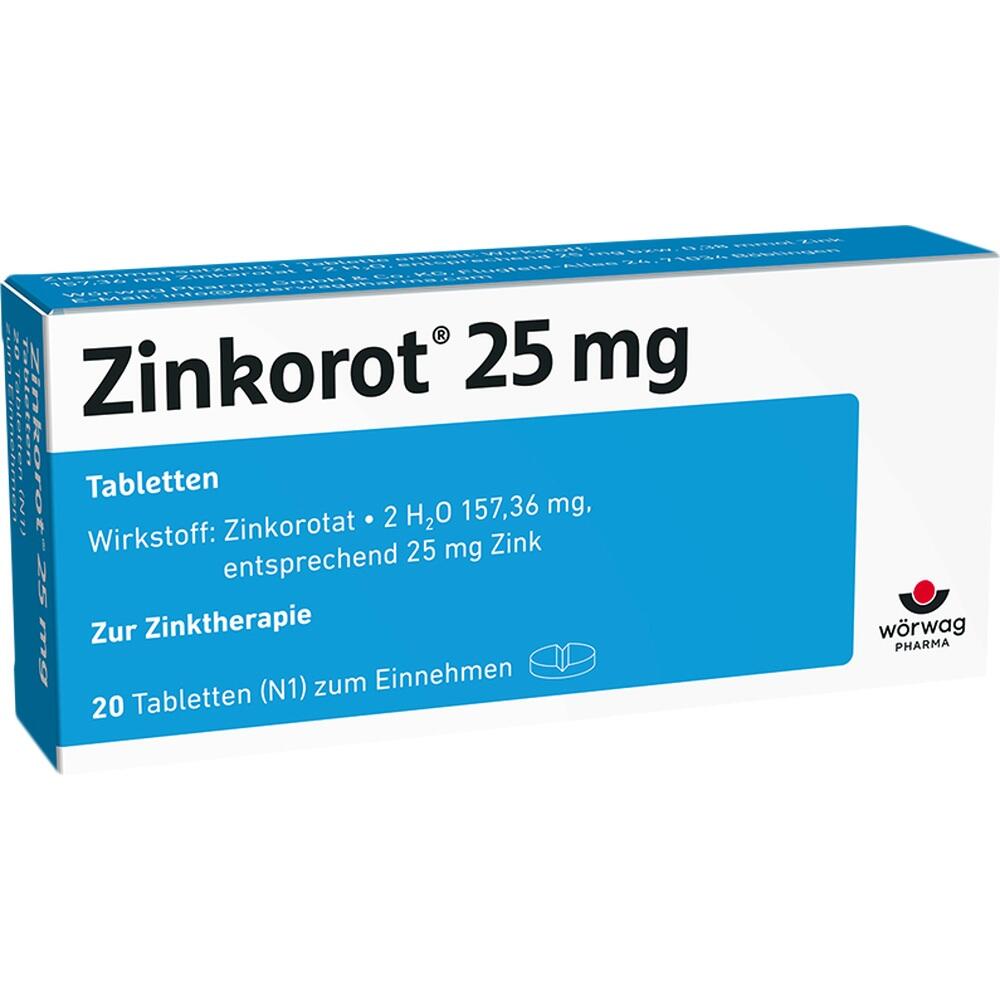 Blau-weiße Verpackung von Zinkorot 25 mg Tabletten.