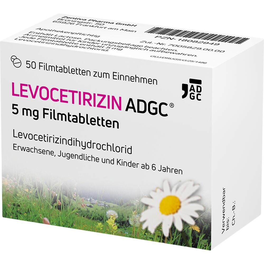Eine Packung Levocetirizin ADGC mit 50 Tabletten gegen Allergien.