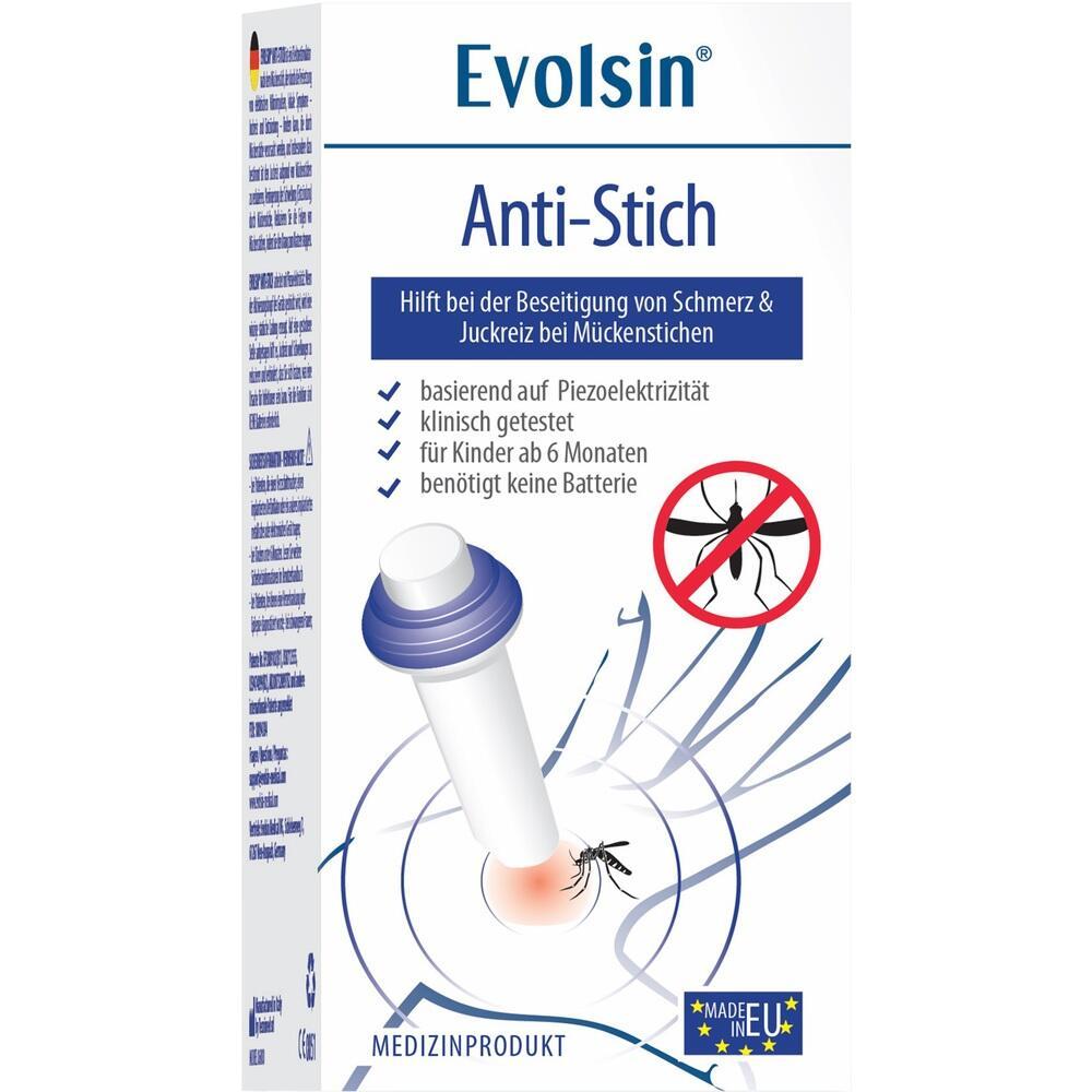 Weiße Verpackung eines Anti-Mückenstich-Produkts mit einem Gerät und Mücken-Symbol.
