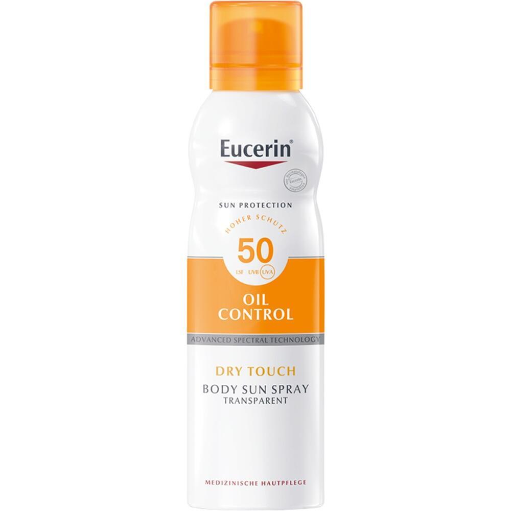 Sonnenschutzspray mit LSF 50 und Öl-Kontrolle in einer weißen Flasche.