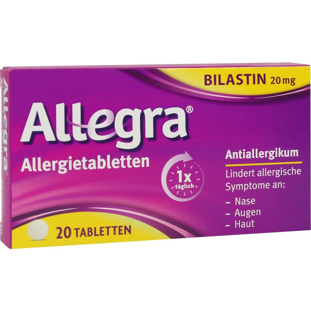 Lila Packung mit Allergietabletten gegen Symptome an Nase, Augen und Haut.