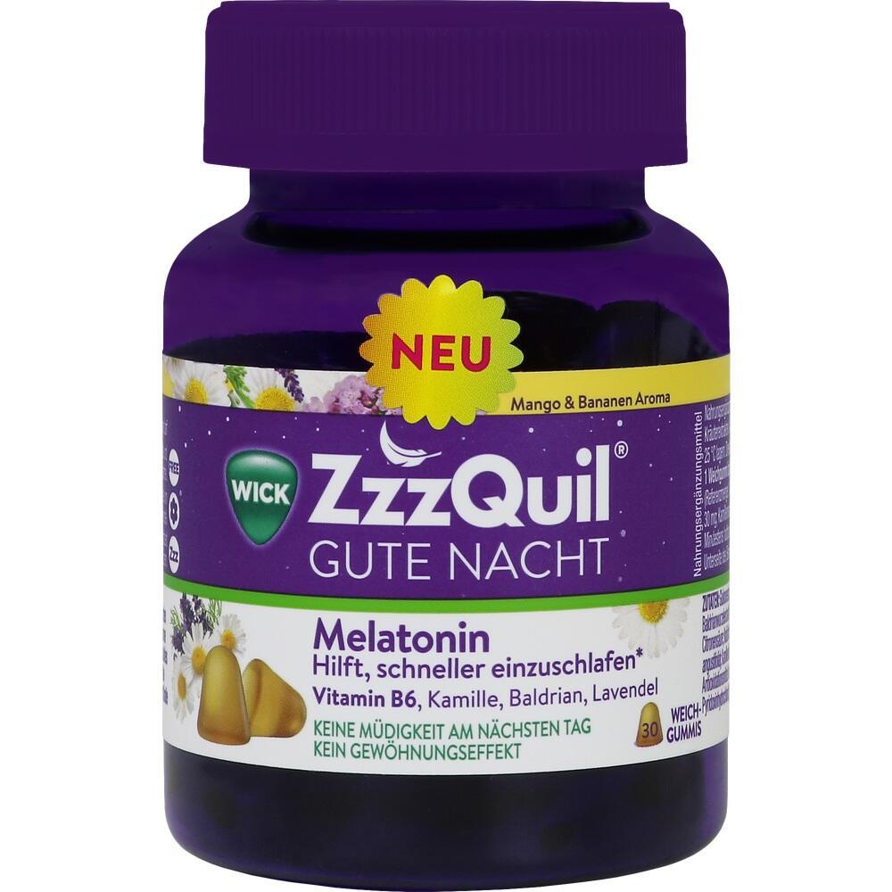 Lila Flasche mit ZzzQuil Gute Nacht Melatonin-Gummis für besseren Schlaf.